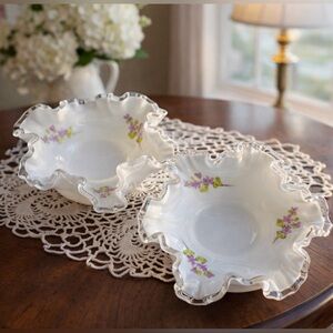 Vintage Fenton Milk Glass Ruffled Bowls – Hand Painted & Signed – Set of 2. G2MC